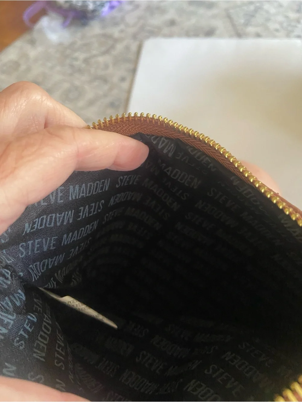 Steve Madden Tan Zip Card Pouch with Gold Hardware